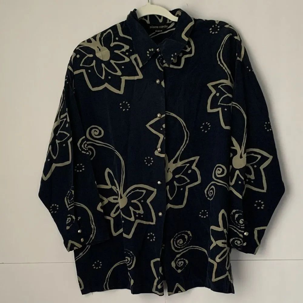 Pierre Cardin Silk Navy and Gray Floral Print Women’s Blouse Size XL